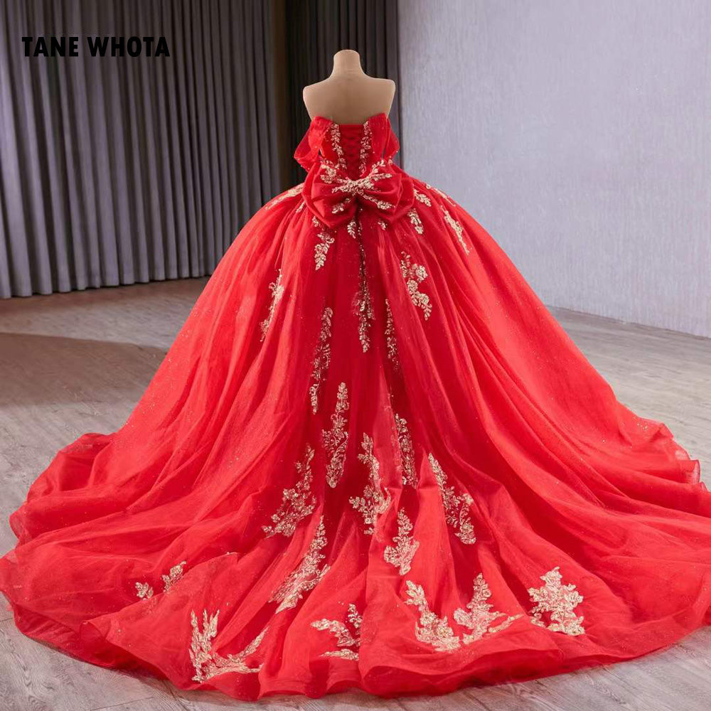 TW217 Red Vestidos Quinceañeras Princesas Luxury Off Shoulder Sweetheart Bow Lace Up Back Red Long Dress For Special Occasions