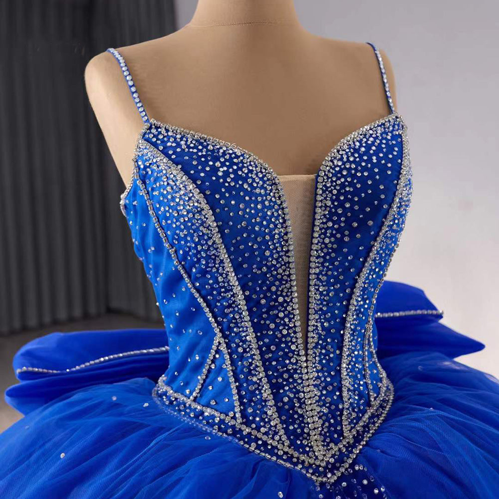 TW201 Vestido Quinceañera Spaghetti Straps Lace Up Back Sequined Beading Blue Bow Long Dress For Special Occasions Customized