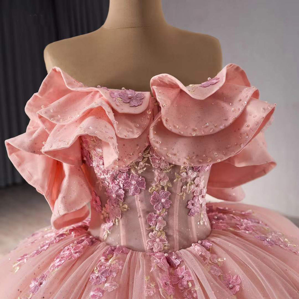 TW200 Vestidos 15 Quinceañera Lace Flower Off the Shoulder Lace Up Back Pink Ball Gown Long Formal Dress