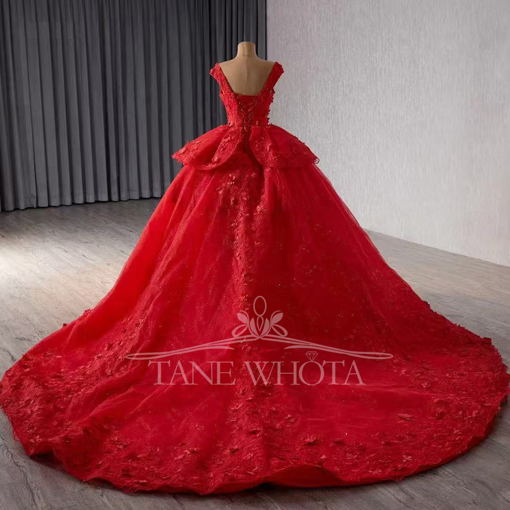 TW292 Quinceanera Dress Ball Gown Cap Sleeve Sweetheart Lace Up Back Embroidery Appliques Customized Red Long Dress