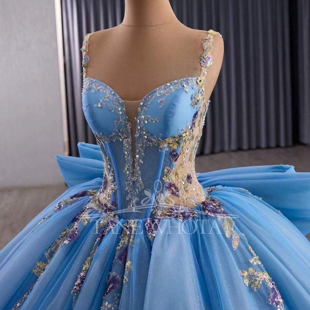 TW571 Customizable Sequined Embroidery Bow Prom Dress For 15 Quinceanera Spaghetti Straps Sleeveless Lace-Up Back Dress