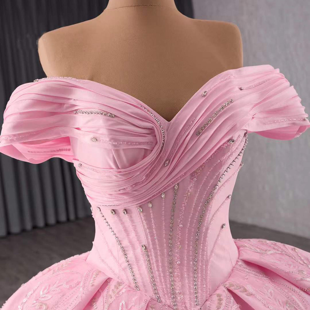 TW117 Vestido 15 Quinceañeras Luxury Off Shoulder Sweetheart Lace Up Back Pink Customized Long Dress For Special Occasions