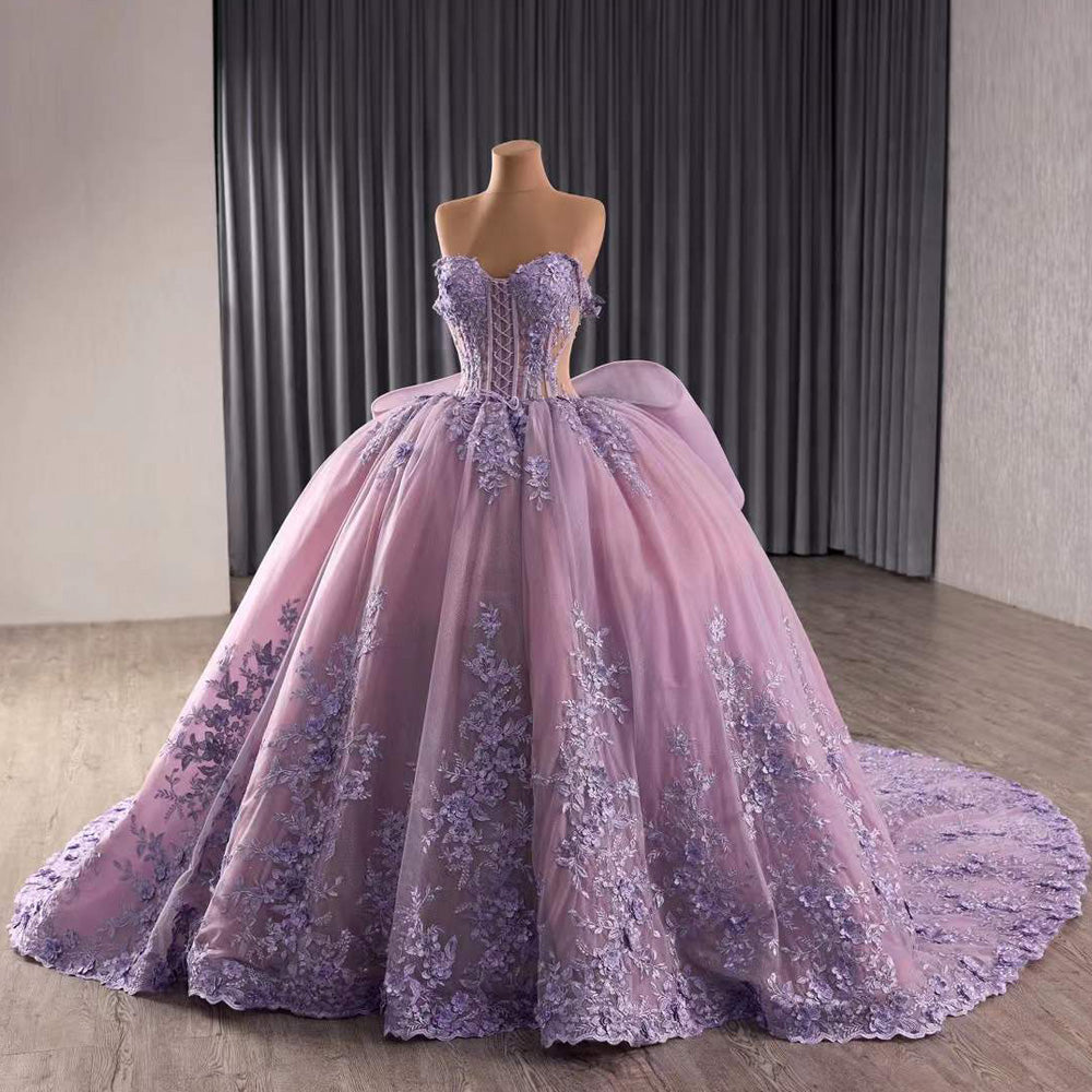 TW094 Vestidos De 15 Quinceañeras Sweetheart Appliques Lace Up Back Purple Long Evening Dress For Special Occasions