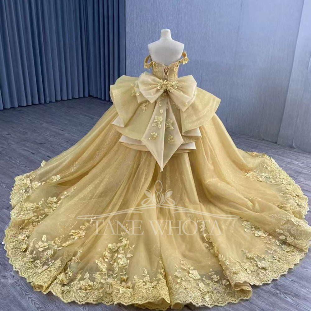 TW445 Gold Quinceanera Ball Gown Dress Sweetheart Off-Shoulder Lace-Up Back Embroidered Beaded Sequined Appliques for Girls