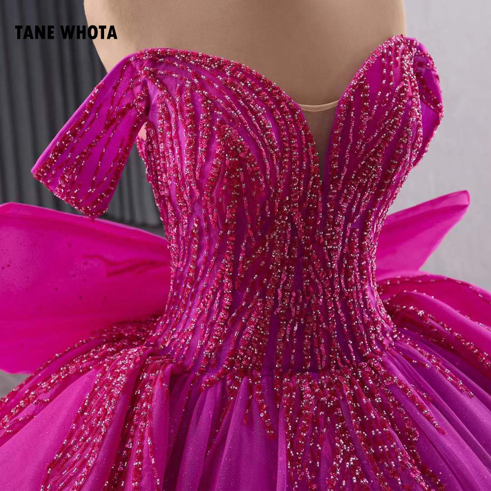 TW218 Vestido De 15 Anos Debutante Luxury Off Shoulder Sweetheart Beading Sequined Bow Lace Up Back Customized Rose Red Long Dress