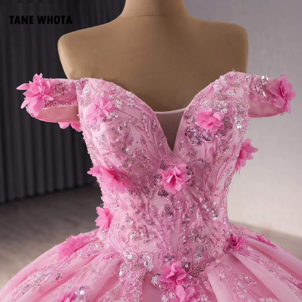 TW204 Quinceañera Dresses Sweetheart Off Shoulder Appliques Lace Up Back Sequined Beading Pink Long Dress For Special Occasions