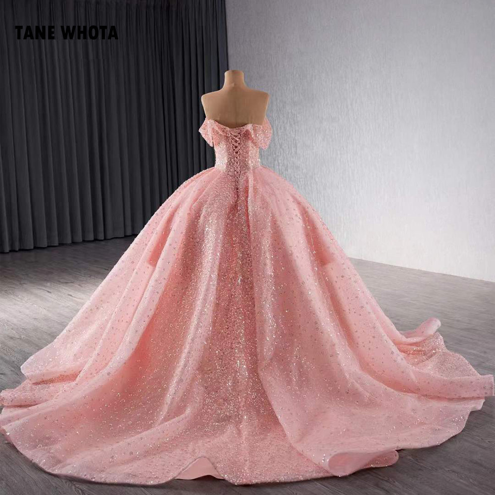 TW219 Vestido 15 Años Quinceañera Luxury Off Shoulder Sweetheart Sequined Beading Crystal Lace Up Back Customized Pink Long Dress