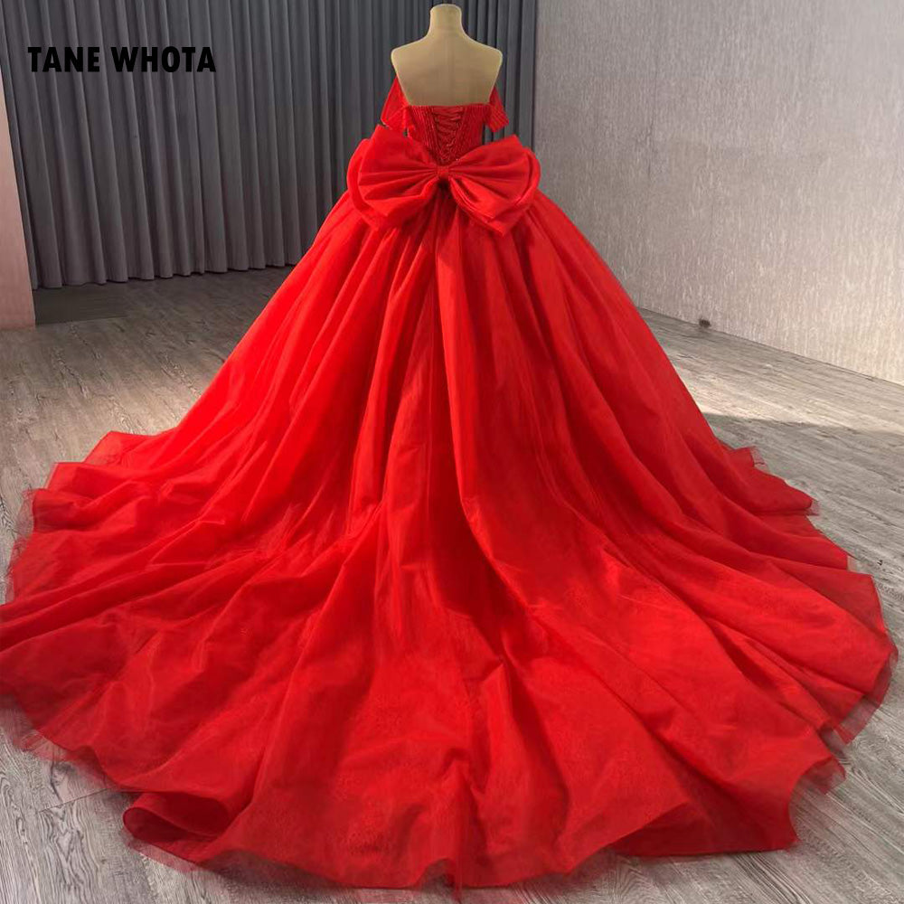 TW215 Vestidos Para 15 Quinceañera 2025 Luxury Off Shoulder Sweetheart Beading Bow Lace Up Back Red Long Dress For Special Occasions