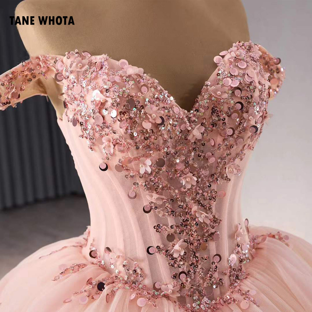 TW205 Vestido De Quinceañera Sweetheart Off Shoulder Lace Up Back Sequins Beading Pink Lace Long Dress For Occasions Dress