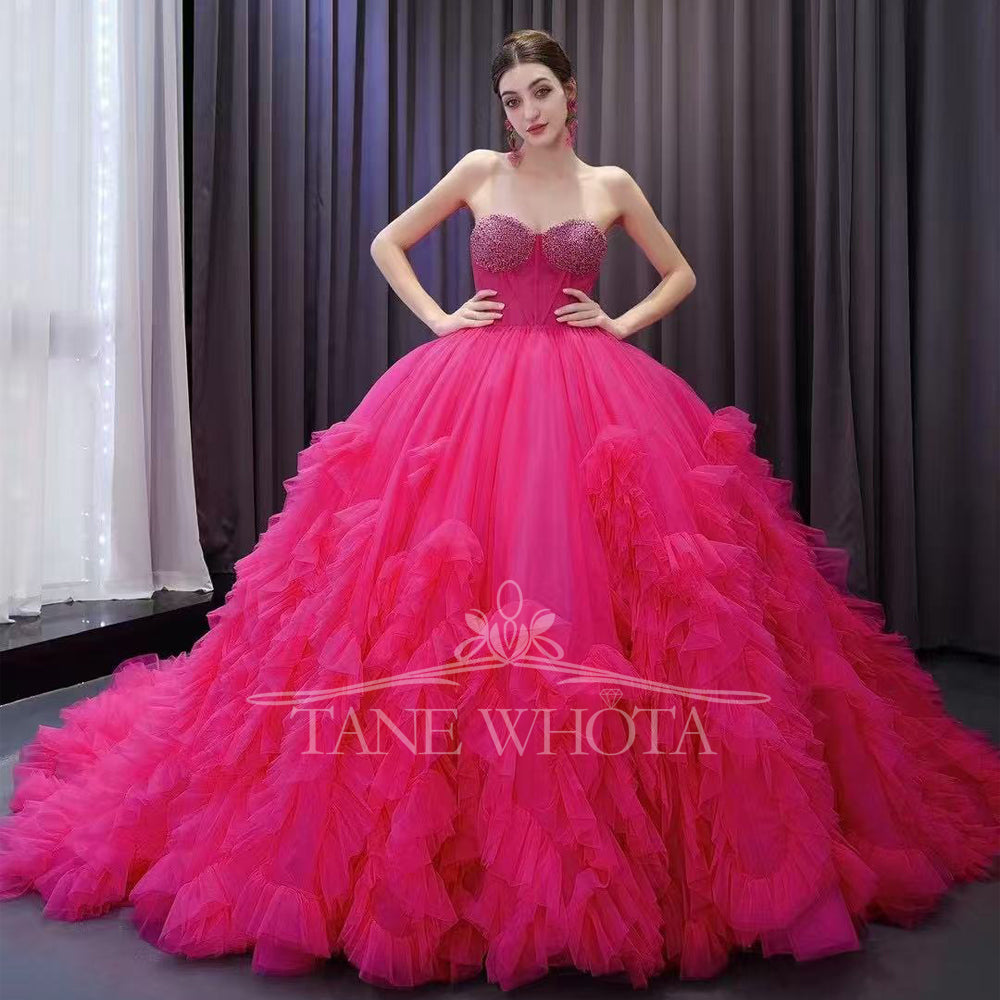 TW289 Vestido De Debutante 15 Anos Luxury Sweetheart Sleeveless Lace Up Back Beading Customized Rose Red Ball Gown Quinceanera Dress