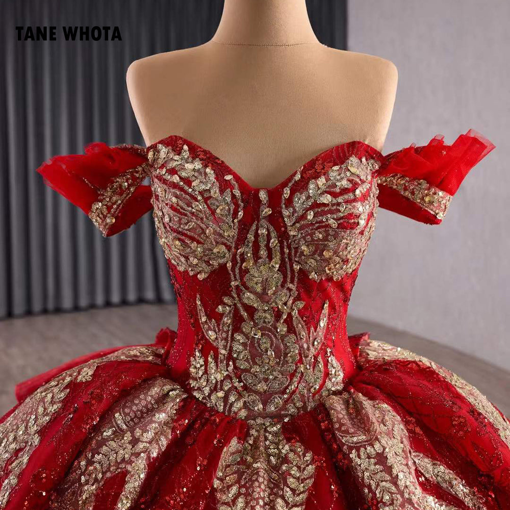 TW278 Vestidos De Quinceañera De Princesa 2025 Off Shoulder Sweetheart Lace Up Back Crystal Lace Red Long Evening Dress