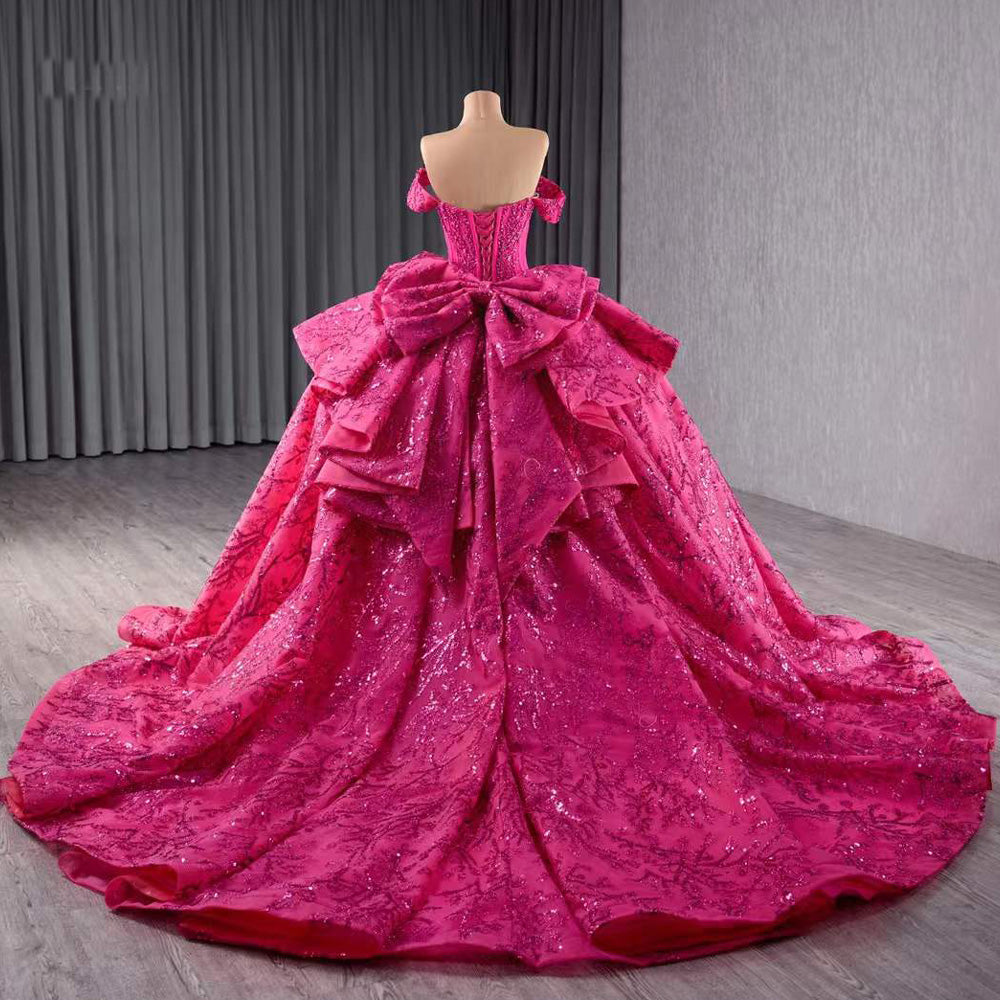 TW196 Vestidos 15 Años Quinceañera 2025 Luxury Off Shoulder Sweetheart Lace Up Back Rose Pink Beading Sequined Long Evening Dress