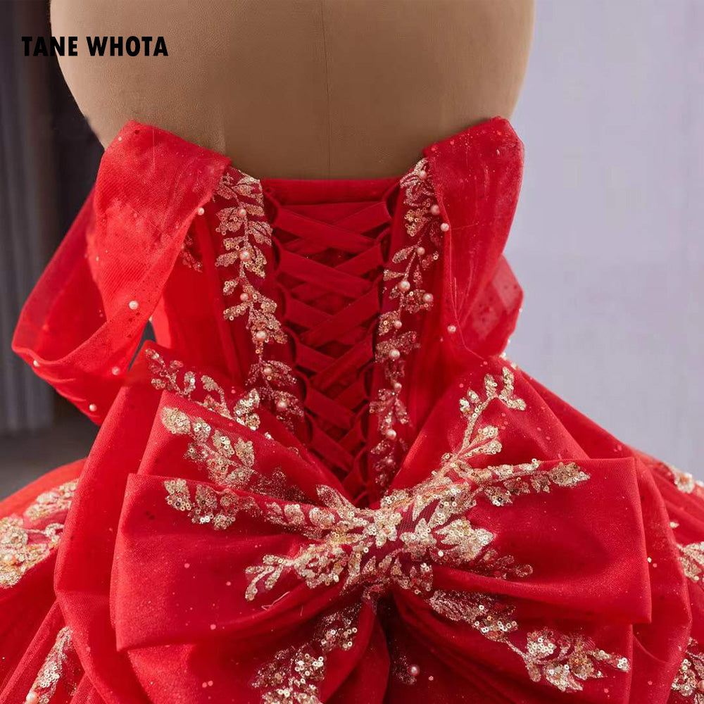 TW217 Red Vestidos Quinceañeras Princesas Luxury Off Shoulder Sweetheart Bow Lace Up Back Red Long Dress For Special Occasions