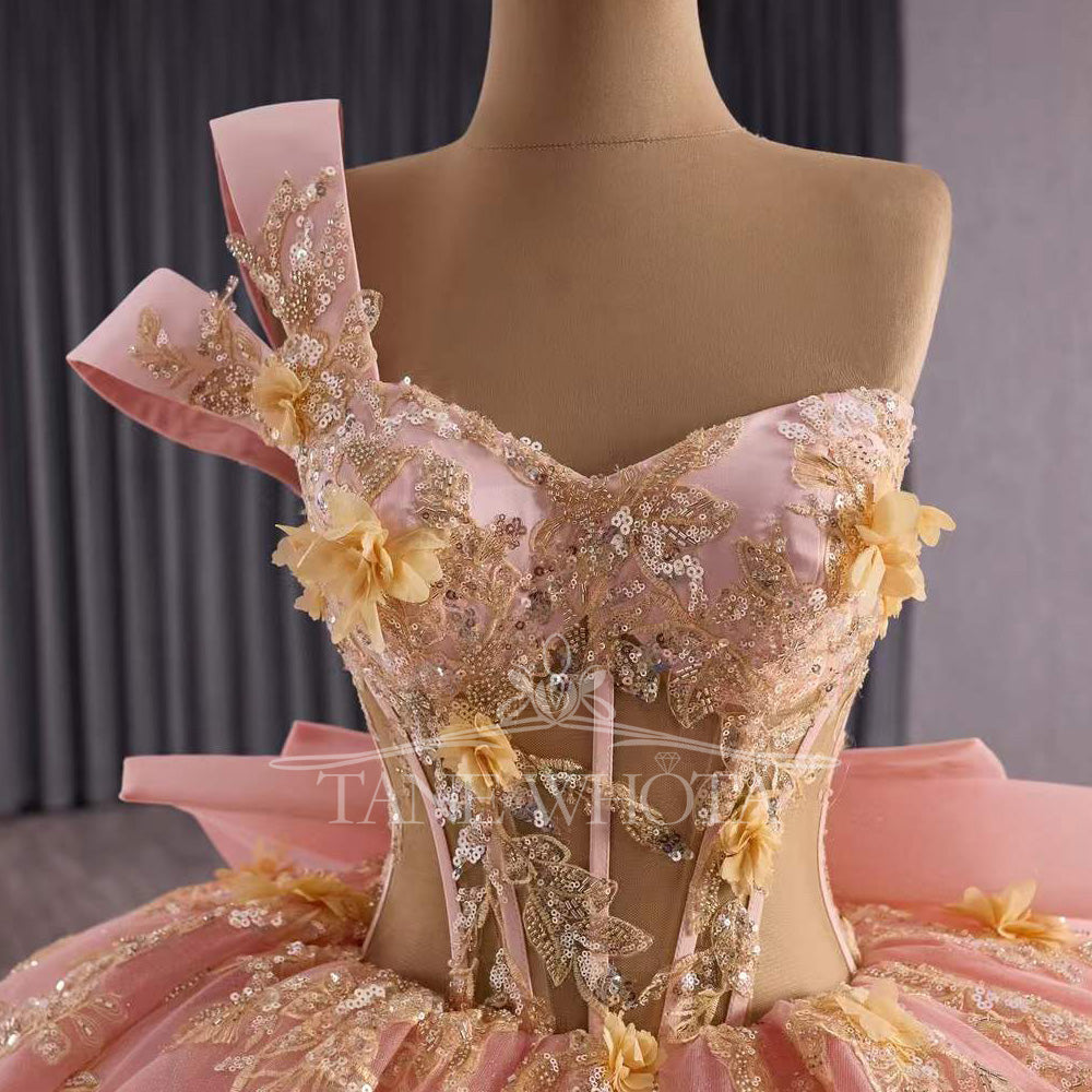TW294 Vestido Quinceañera 2025 Luxury One Shoulder Sequins Lace Pink Ball Gown Flower Quinceanera Dress