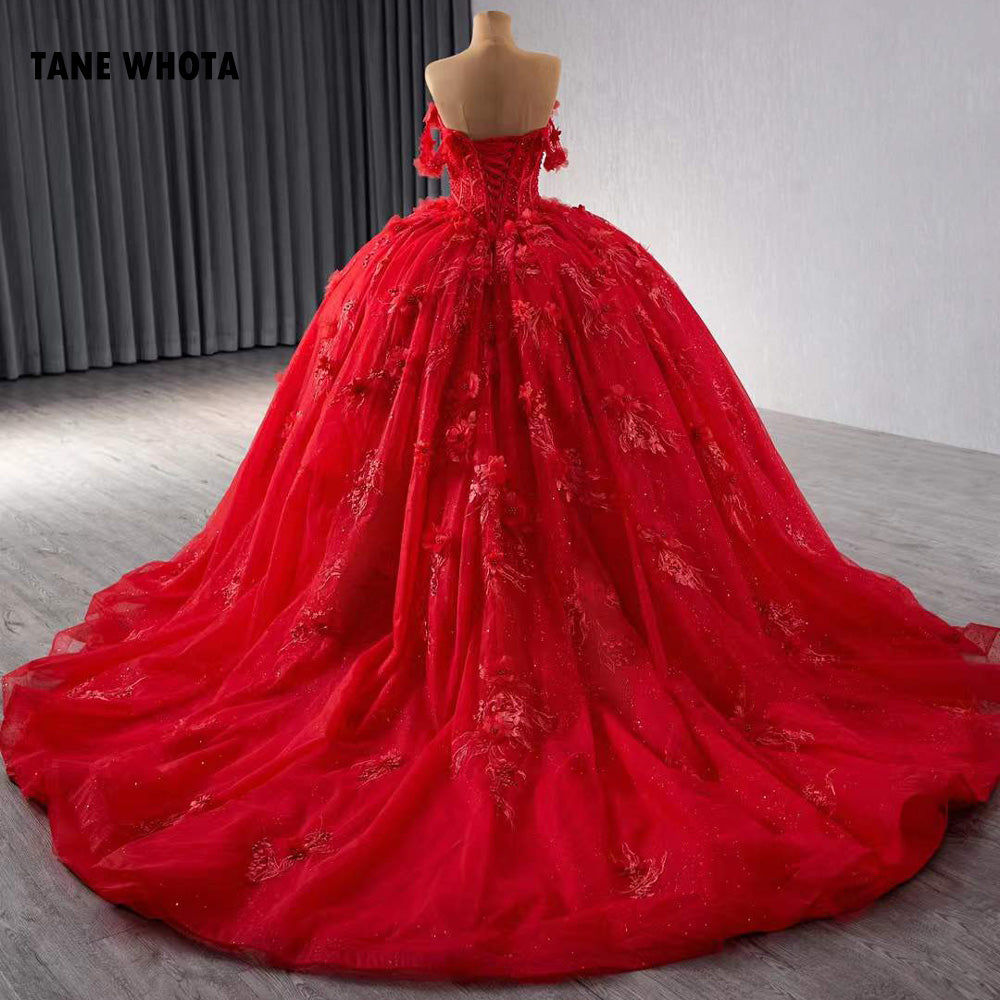 TW203 Red Quinceañera Sweetheart Off Shoulder Lace Up Back Appliques Beading Red Long Evening Dress For Special Occasions
