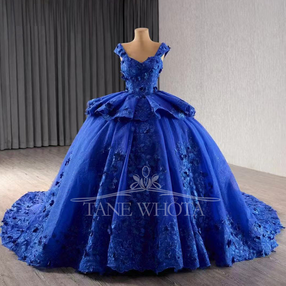 TW292 Vestido Quinceañera Princesa Sweetheart Cap Sleeve Lace Up Back Appliques Embroidery Customized Blue Luxury Long Dress