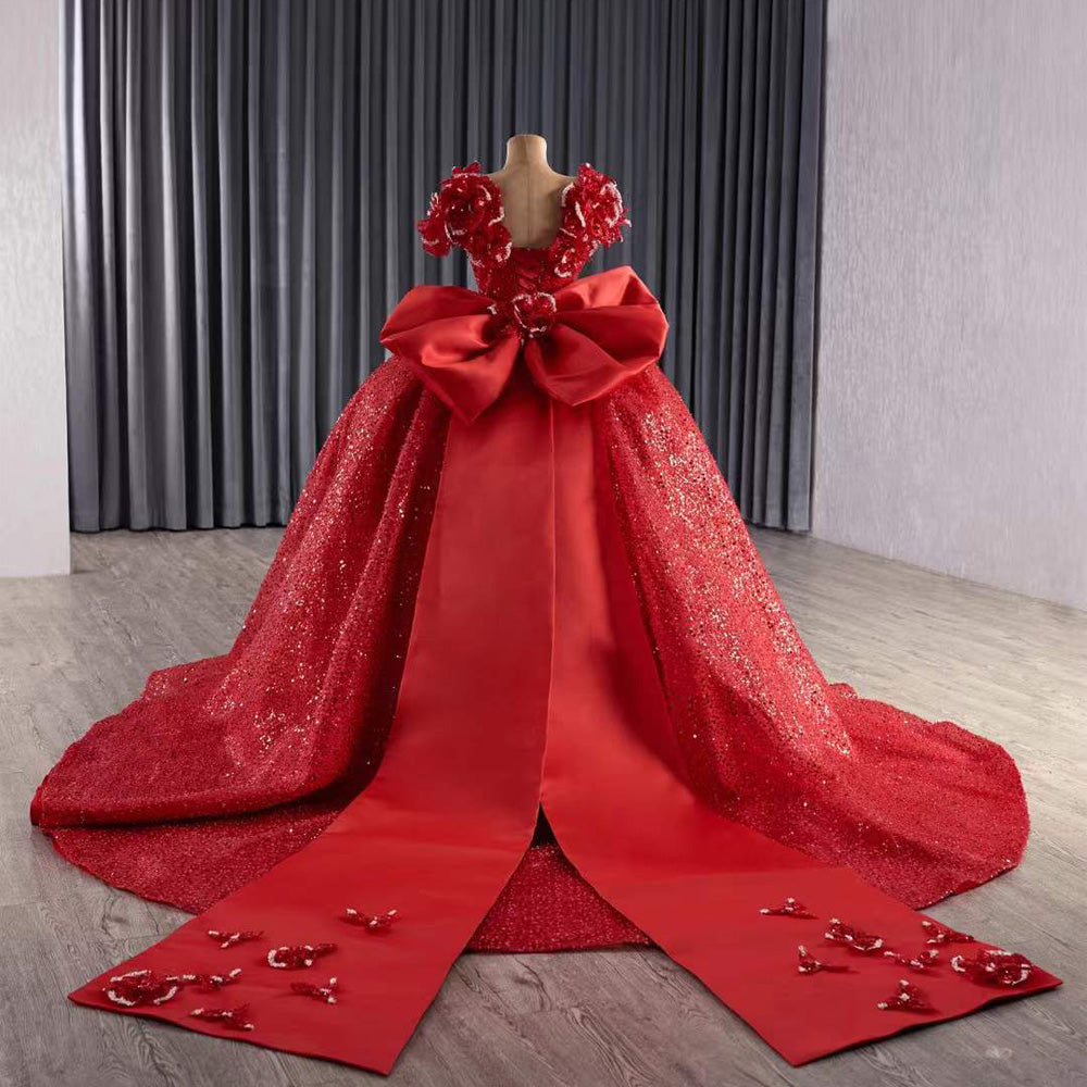 TW181 Vestidos De 15 Quinceañera 2025 Flower Lace Up Back Sequins Beading Red Bow Long Dress For Special Occasions
