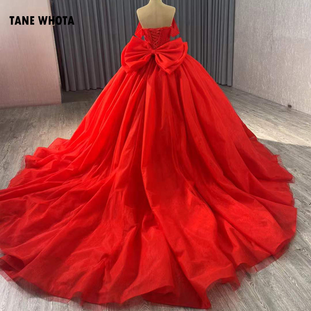 TW215 Vestidos Para 15 Quinceañera 2025 Luxury Off Shoulder Sweetheart Beading Bow Lace Up Back Red Long Dress For Special Occasions