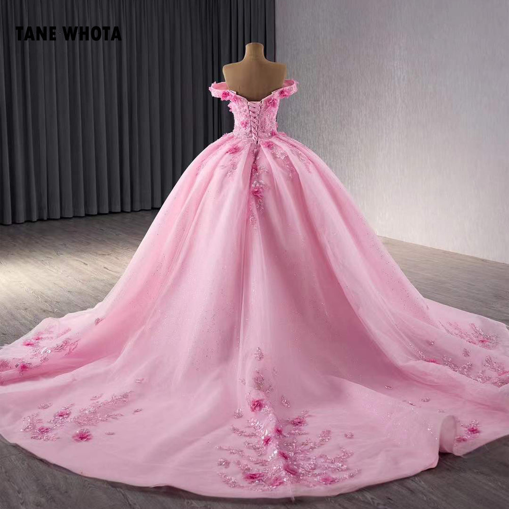 TW204 Quinceañera Dresses Sweetheart Off Shoulder Appliques Lace Up Back Sequined Beading Pink Long Dress For Special Occasions