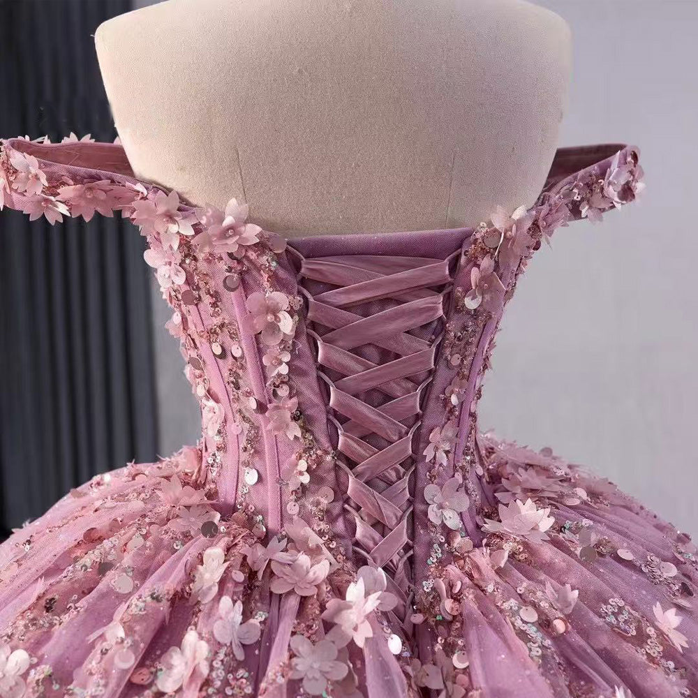 TW126 Vestidos De 15 Off Shoulder Sweetheart Appliques Sequined Lace Up Back Pink Luxury Long Dress For Special Occasions