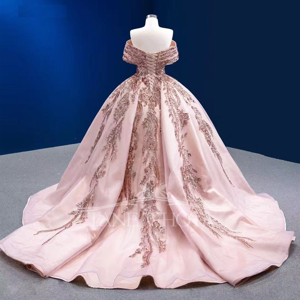 TW308 15 Quinceañera Sweetheart Off Shoulder Lace Up Back Embroidery Sequined Customized Pink Luxury Long Dress