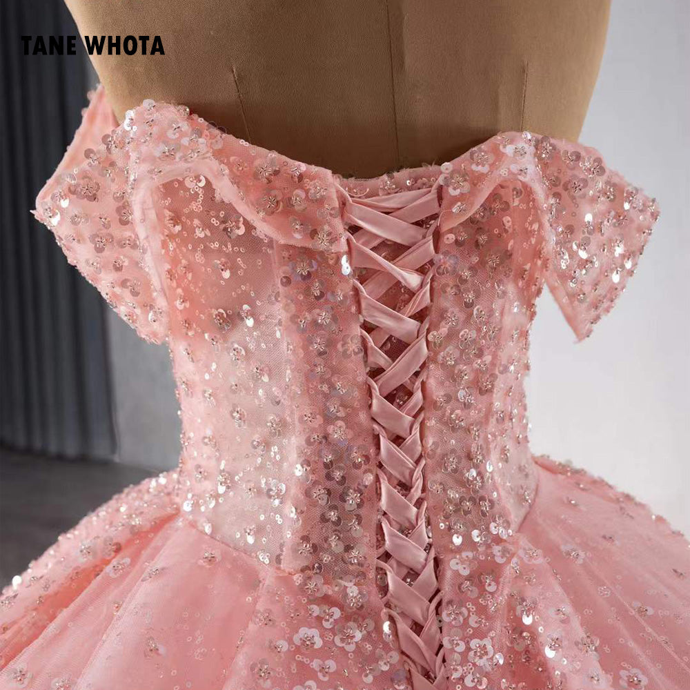 TW219 Vestido 15 Años Quinceañera Luxury Off Shoulder Sweetheart Sequined Beading Crystal Lace Up Back Customized Pink Long Dress