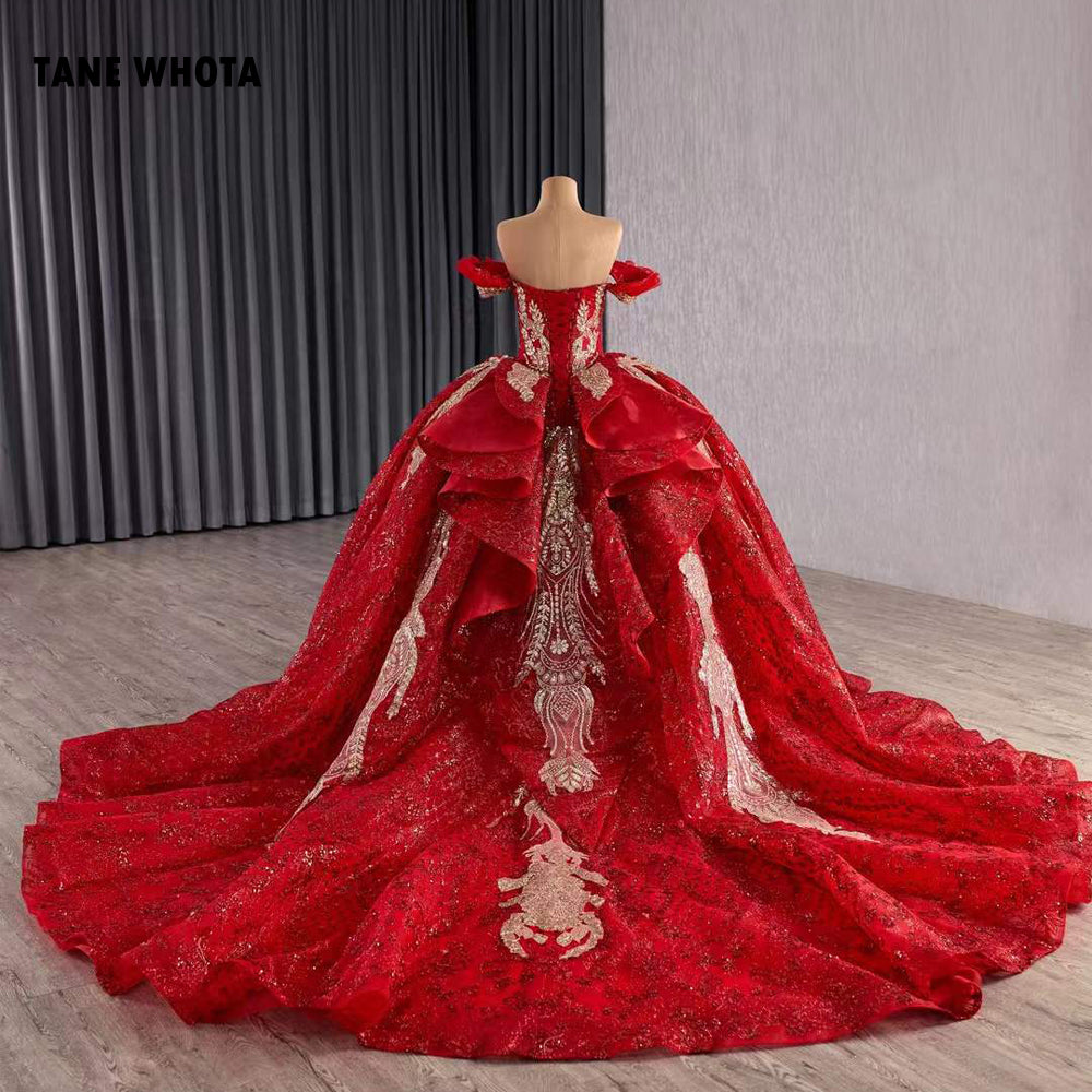 TW278 Vestidos De Quinceañera De Princesa 2025 Off Shoulder Sweetheart Lace Up Back Crystal Lace Red Long Evening Dress