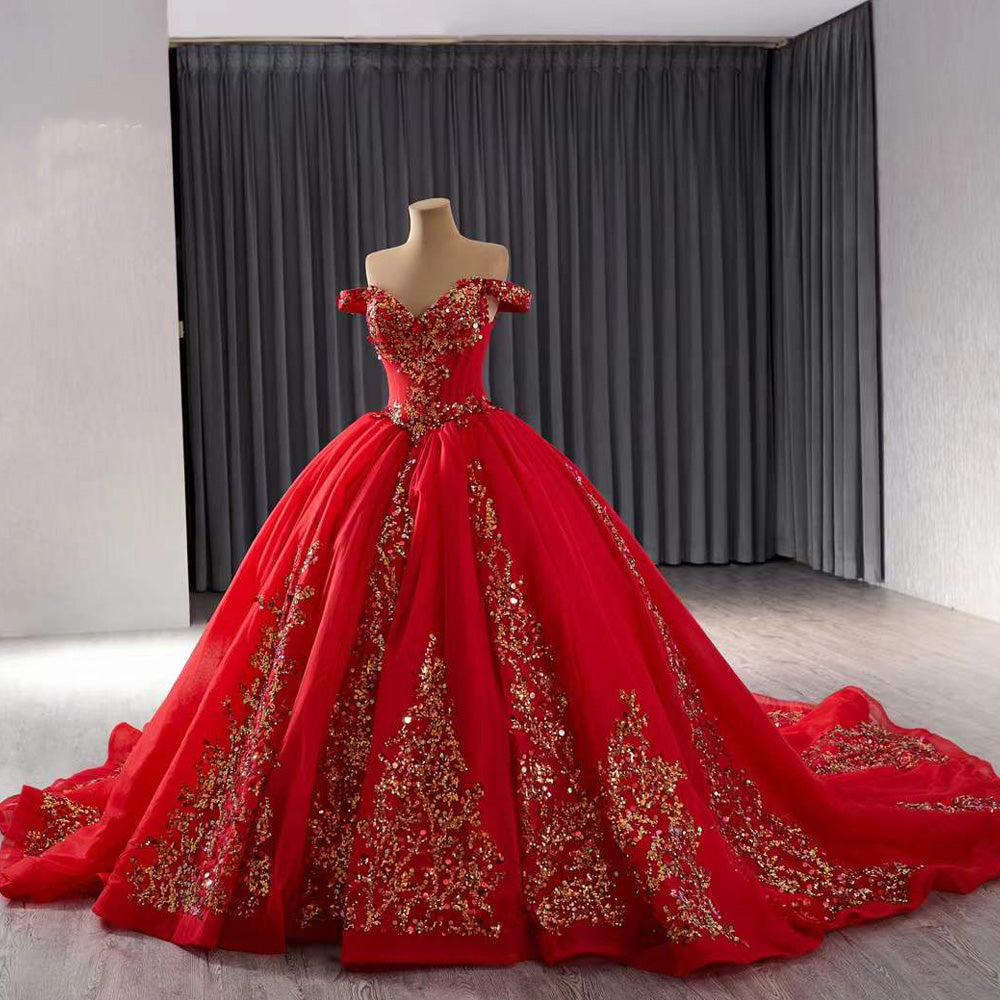 TW199 Vestidos Para 15 Quinceanera Off Shoulder Sweetheart Lace Up Back Sequined Red Customized Long Dress For Special Occasions