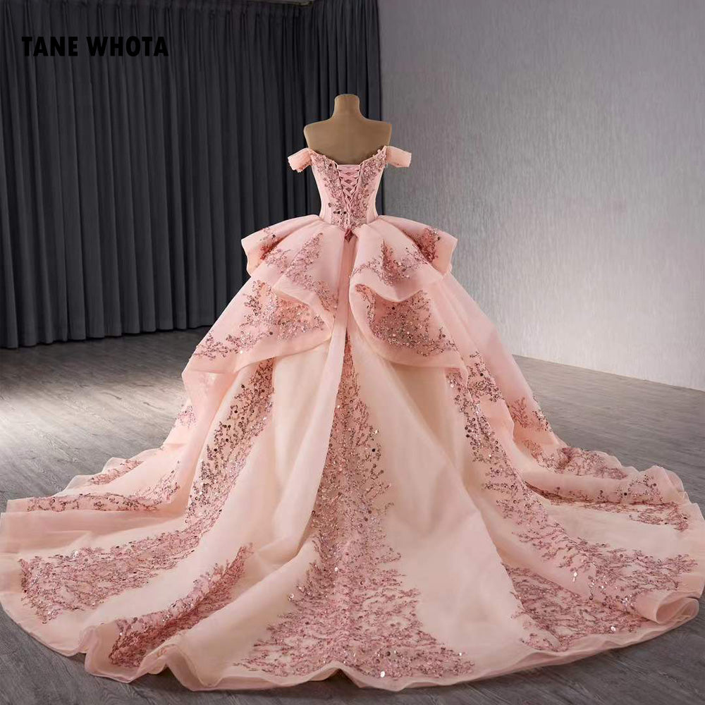 TW205 Vestido De Quinceañera Sweetheart Off Shoulder Lace Up Back Sequins Beading Pink Lace Long Dress For Occasions Dress