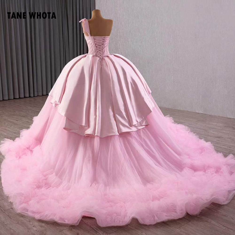 TW268 Vestido Quinceañera 2025 Luxury Spaghetti Straps Lace Up Back Sequined Customized Pink Long Dress For Special Occasions