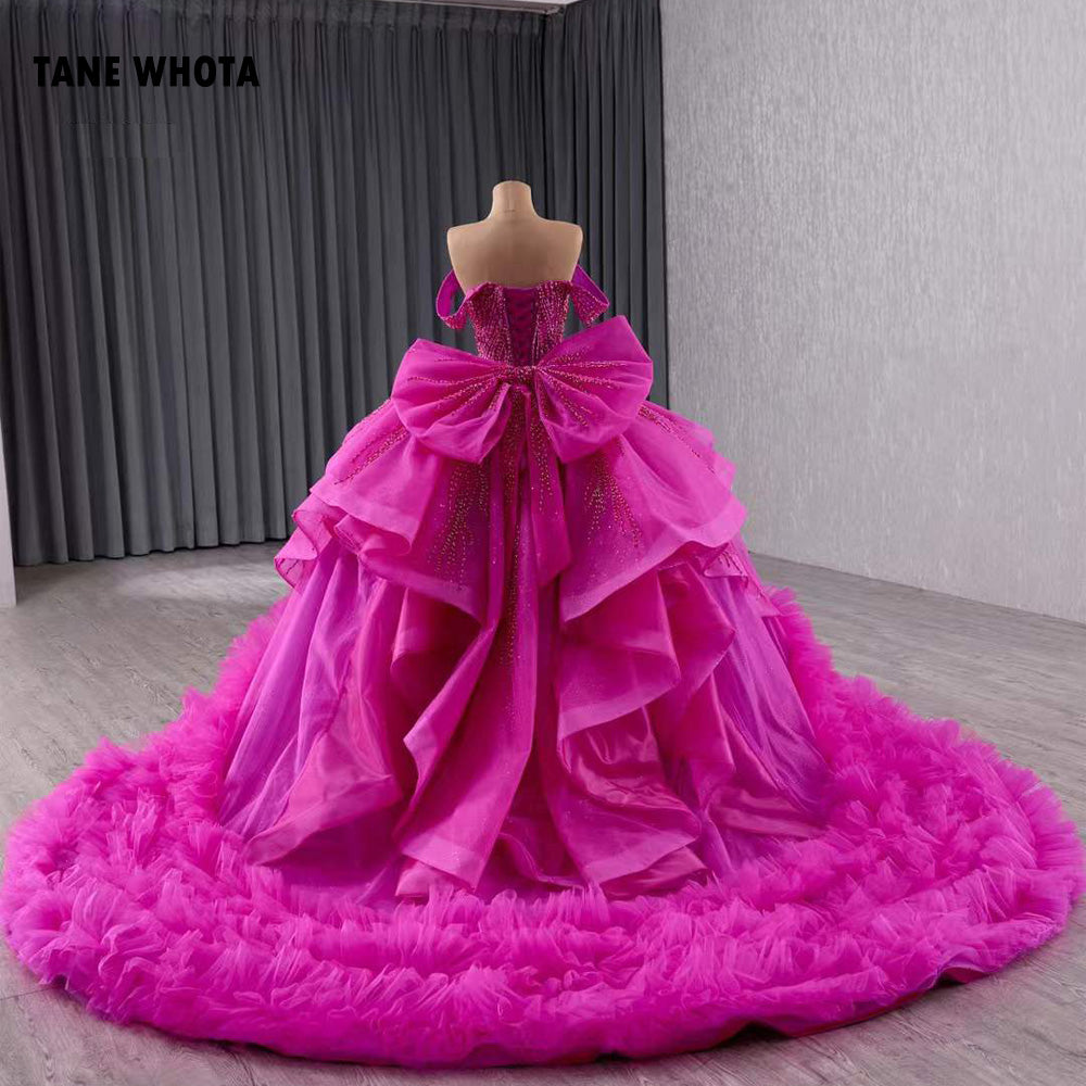 TW218 Vestido De 15 Anos Debutante Luxury Off Shoulder Sweetheart Beading Sequined Bow Lace Up Back Customized Rose Red Long Dress