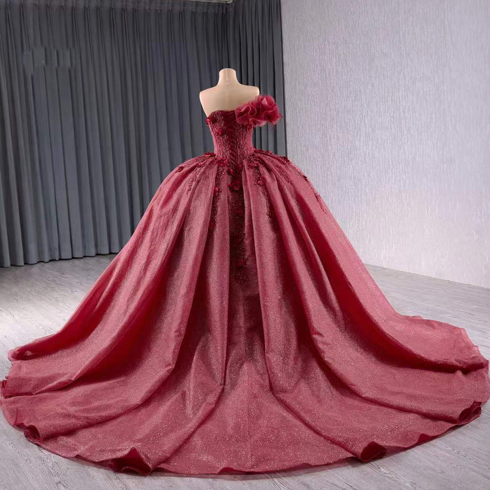 TW193 Vestido Para Quinceañera Luxury One Shoulder Flower Lace Up Back Beading Red Glitter Long Evening Dress For Special Occasions