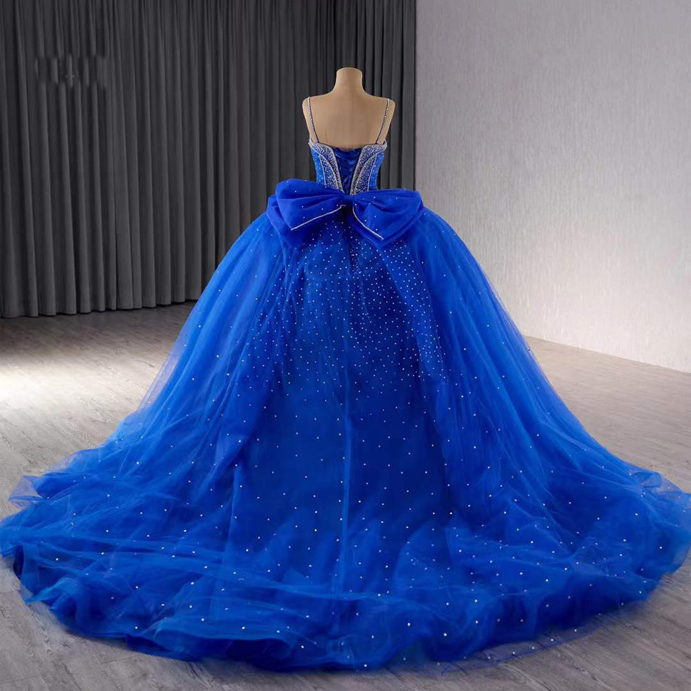 TW201 Vestido Quinceañera Spaghetti Straps Lace Up Back Sequined Beading Blue Bow Long Dress For Special Occasions Customized