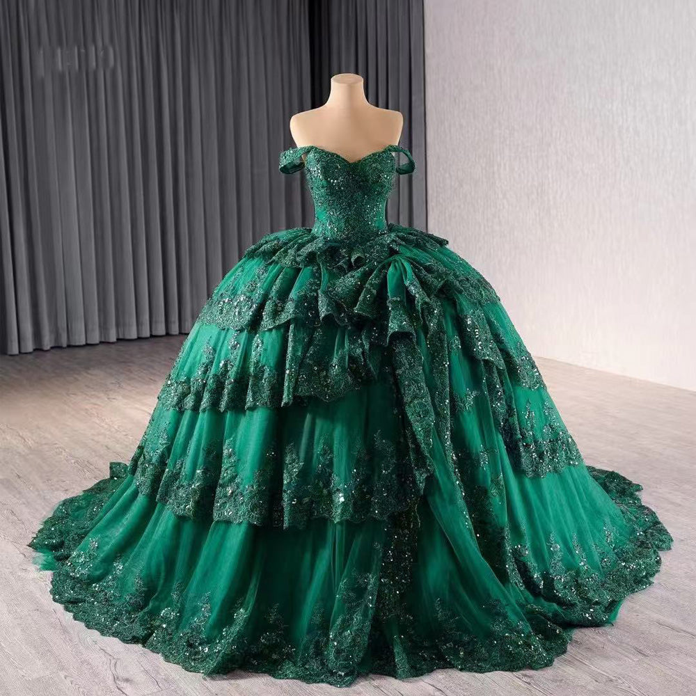 TW124 Vestidos Quinceañeras Estilo Princesa Off Shoulder Sweetheart Appliques Lace Up Back Green Long Dress For Special Occasions