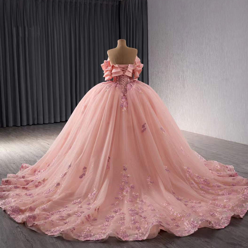 TW200 Vestidos 15 Quinceañera Lace Flower Off the Shoulder Lace Up Back Pink Ball Gown Long Formal Dress
