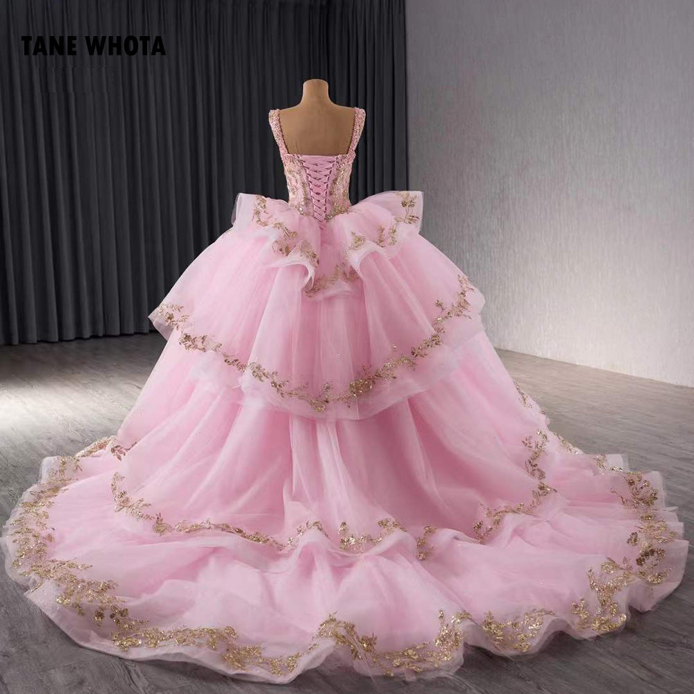 TW202 Vestidos De Quinceañeras Spaghetti Strapless Lace Up Back Sequined Beading Embroidery Pink Long Dress For Special Occasions