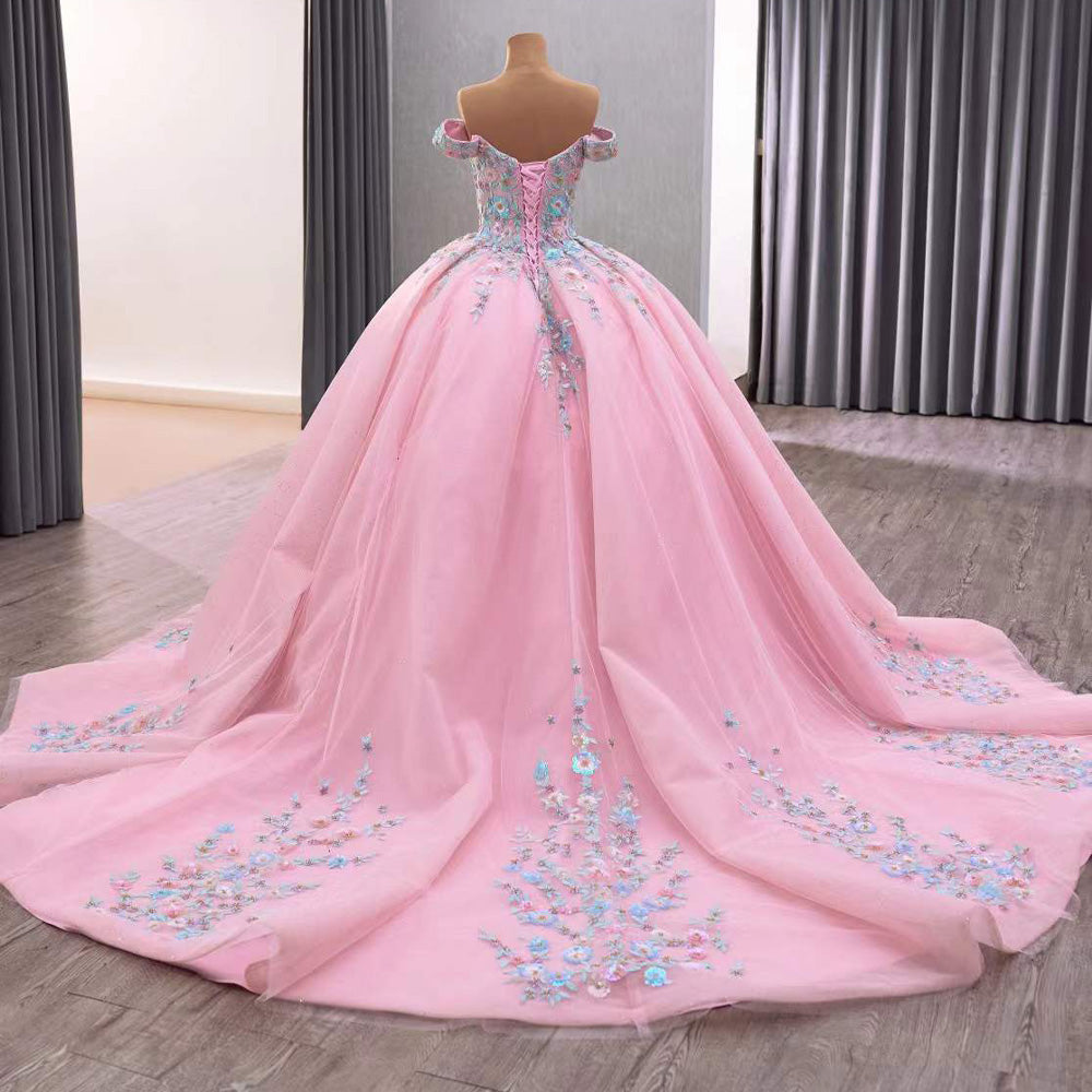 TW116 Vestido Quinceañeras Luxury Off Shoulder Sweetheart Appliques Lace Up Back Pink Long Dress For Special Occasions