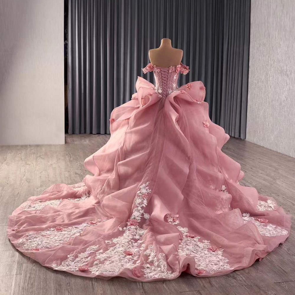 TW095 Quinceanera Dresses Luxury 2025 Off Shoulder Strapless Appliques Lace Up Back Pink Long Dress For Special Occasions