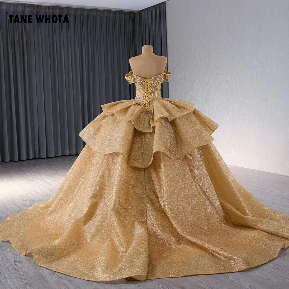 TW206 Vestido De 15 Anos Sweetheart Off Shoulder Lace Up Back Beading Crystal Yellow Long Dress For Special Occasions Customized