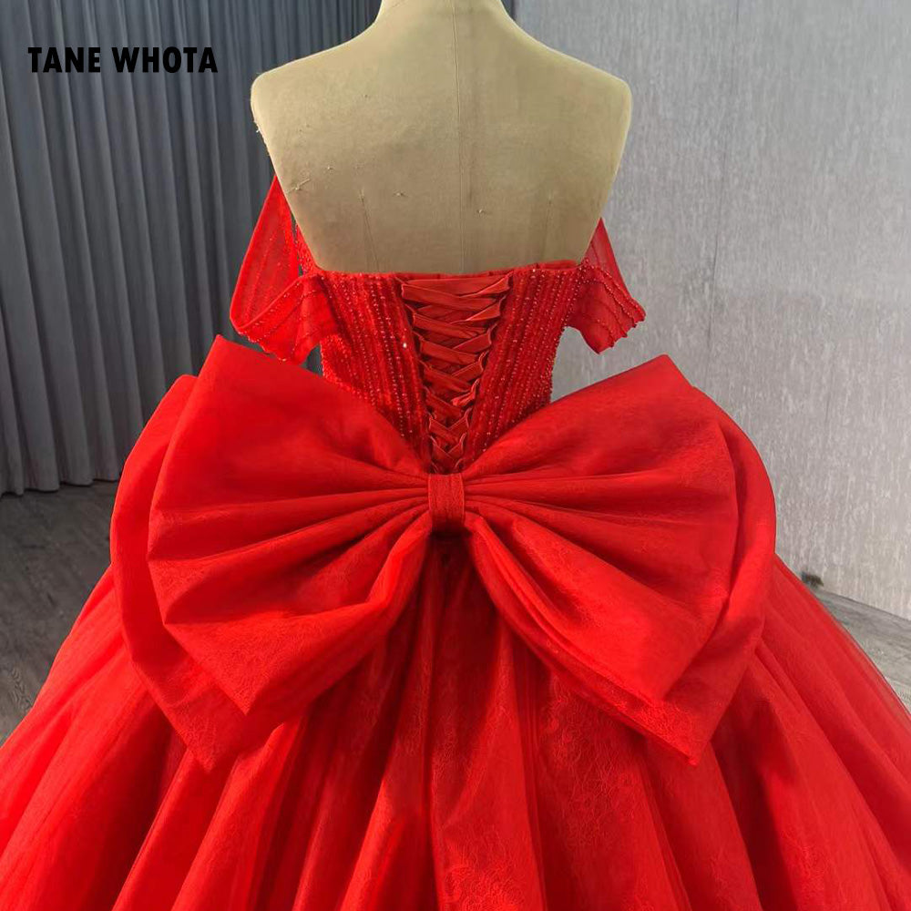 TW215 Vestidos Para 15 Quinceañera 2025 Luxury Off Shoulder Sweetheart Beading Bow Lace Up Back Red Long Dress For Special Occasions