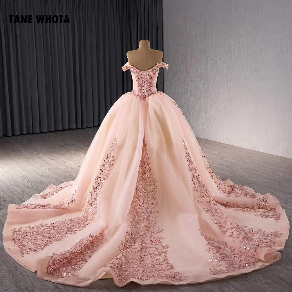 TW205 Vestido De Quinceañera Sweetheart Off Shoulder Lace Up Back Sequins Beading Pink Lace Long Dress For Occasions Dress
