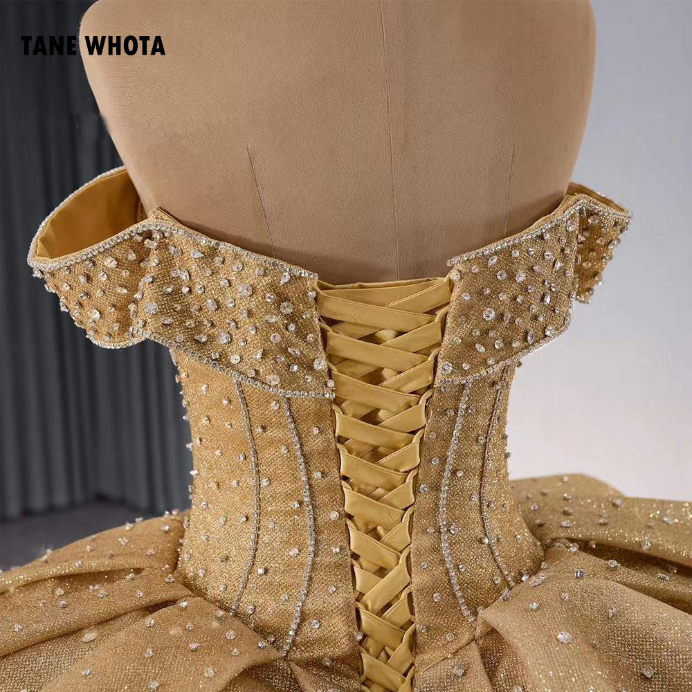 TW206 Vestido De 15 Anos Sweetheart Off Shoulder Lace Up Back Beading Crystal Yellow Long Dress For Special Occasions Customized