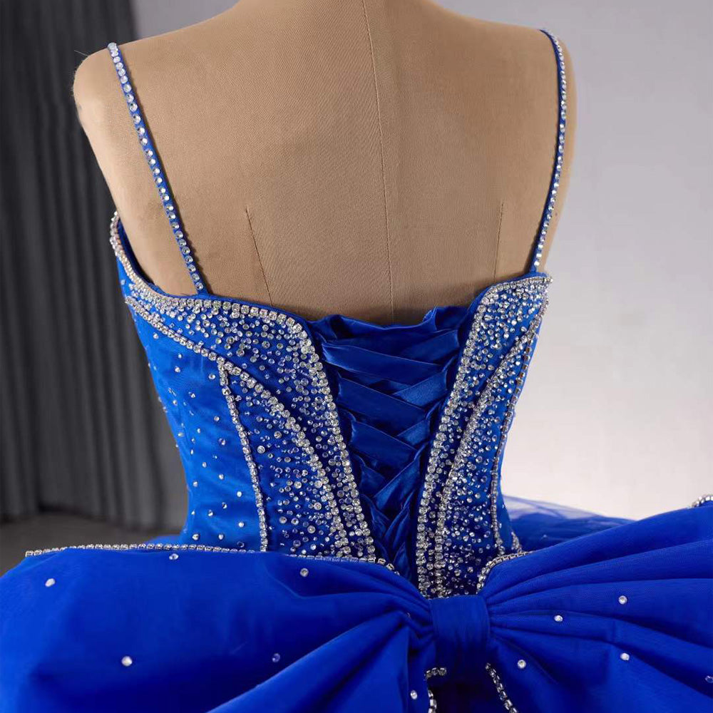 TW201 Vestido Quinceañera Spaghetti Straps Lace Up Back Sequined Beading Blue Bow Long Dress For Special Occasions Customized