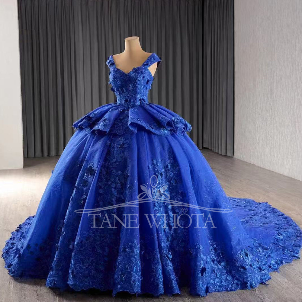 TW292 Vestido Quinceañera Princesa Sweetheart Cap Sleeve Lace Up Back Appliques Embroidery Customized Blue Luxury Long Dress