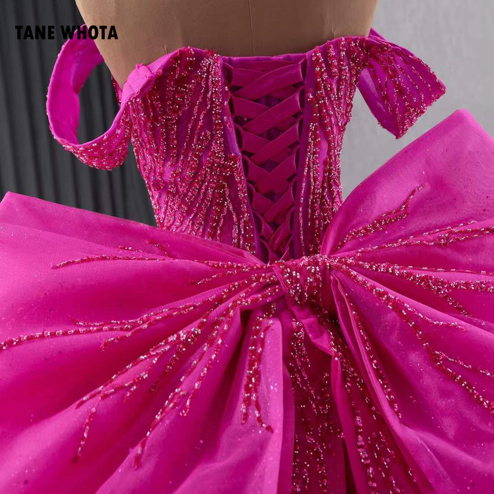 TW218 Vestido De 15 Anos Debutante Luxury Off Shoulder Sweetheart Beading Sequined Bow Lace Up Back Customized Rose Red Long Dress