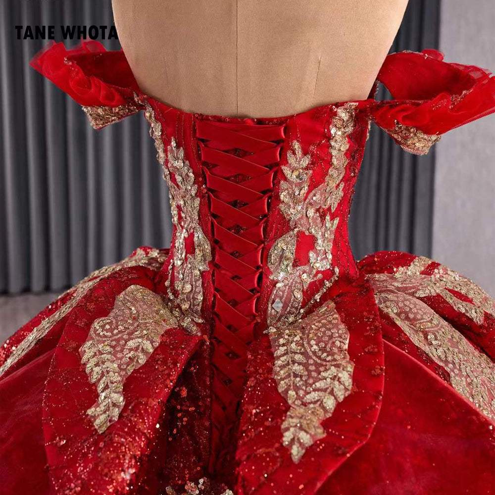 TW278 Vestidos De Quinceañera De Princesa 2025 Off Shoulder Sweetheart Lace Up Back Crystal Lace Red Long Evening Dress