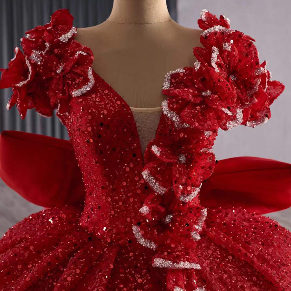 TW181 Vestidos De 15 Quinceañera 2025 Flower Lace Up Back Sequins Beading Red Bow Long Dress For Special Occasions