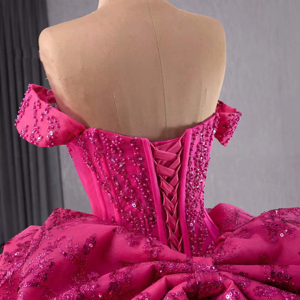 TW196 Vestidos 15 Años Quinceañera 2025 Luxury Off Shoulder Sweetheart Lace Up Back Rose Pink Beading Sequined Long Evening Dress
