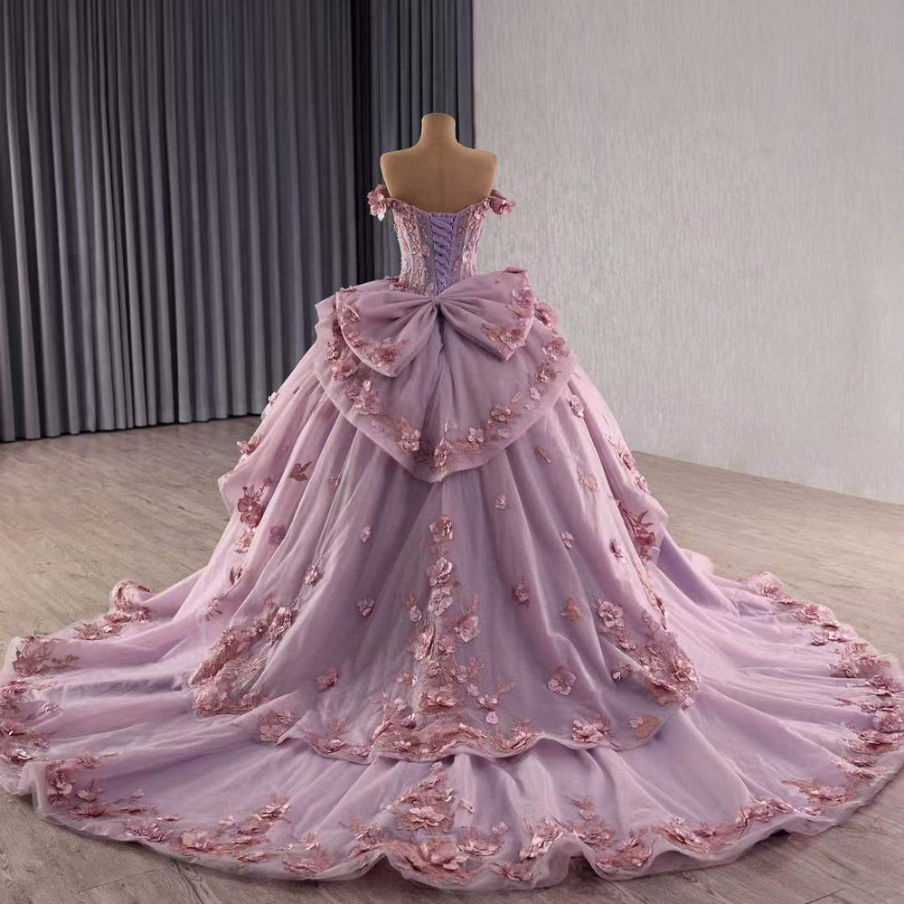 TW096 Vestidos De 15 Años Quinceañera Sweetheart Off Shoulder Bow Appliques Lace Up Back Purple Dress For Special Occasions
