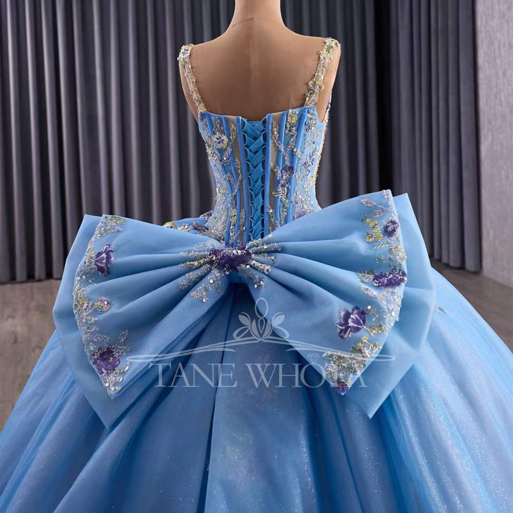 TW571 Customizable Sequined Embroidery Bow Prom Dress For 15 Quinceanera Spaghetti Straps Sleeveless Lace-Up Back Dress